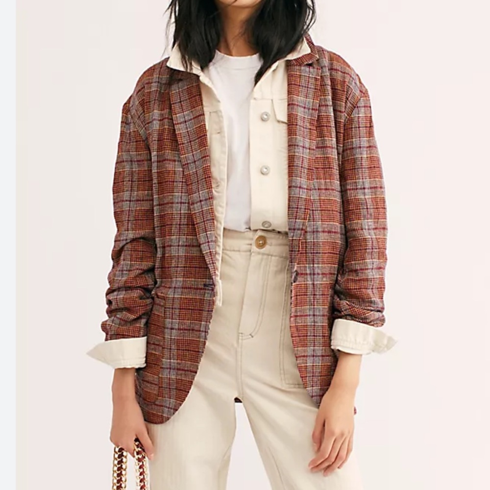 Free People Plaid Blazer in Red and Cream